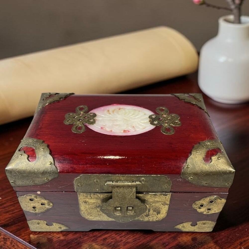 Vintage Chinese Jewelry Box Red Wood Brass Trim Carved Medallion Pink Lined